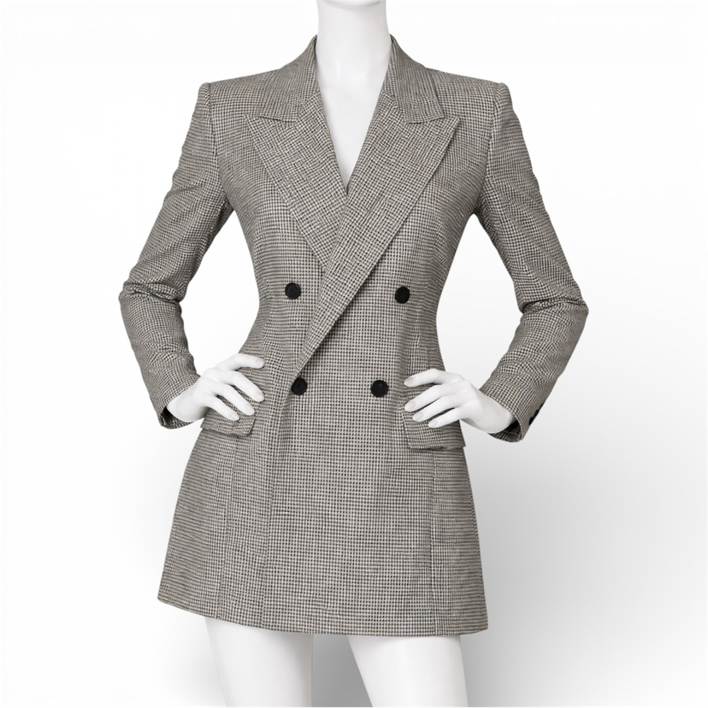 ZARA Houndstooth Double Breasted Blazer Women’s Size Small Black White Longline